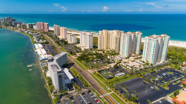 Arial image of the condos on both sides of Gulf Blvd
